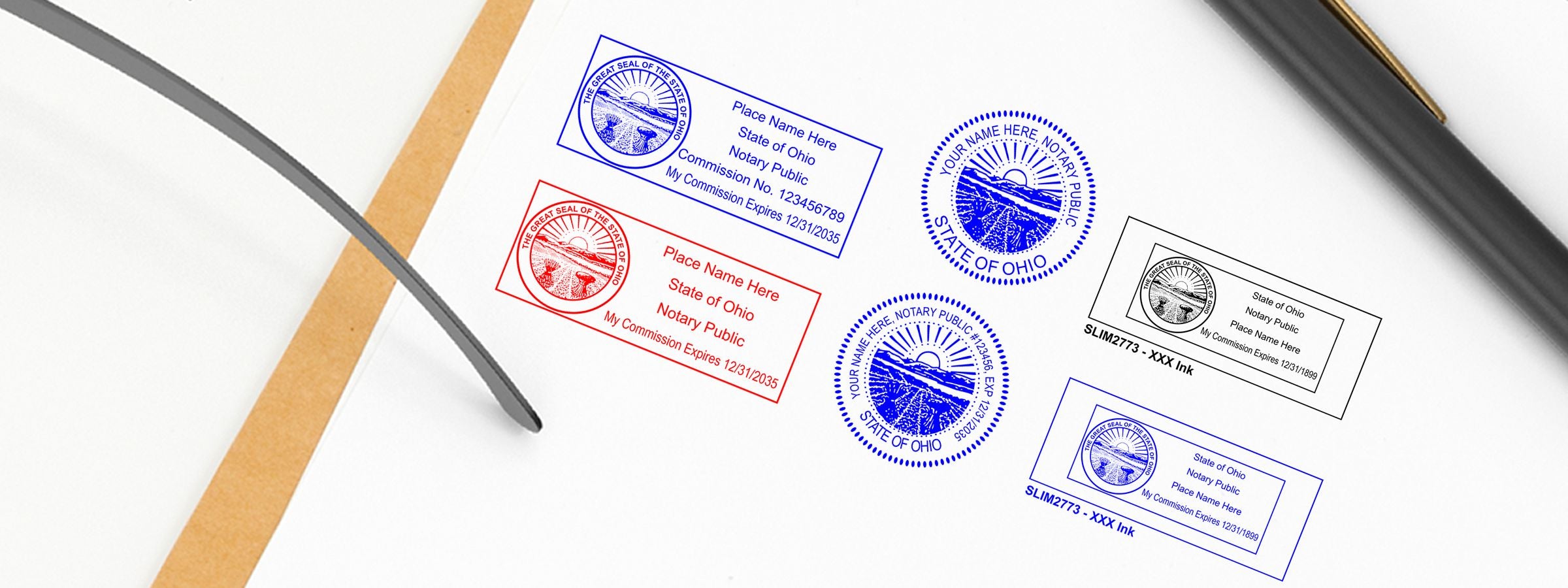 Ohio Notary Supplies, Stamps and Seals with assorted Ohio notary public stamp and seal designs in blue, red, and black, plus a pen and paperclip.