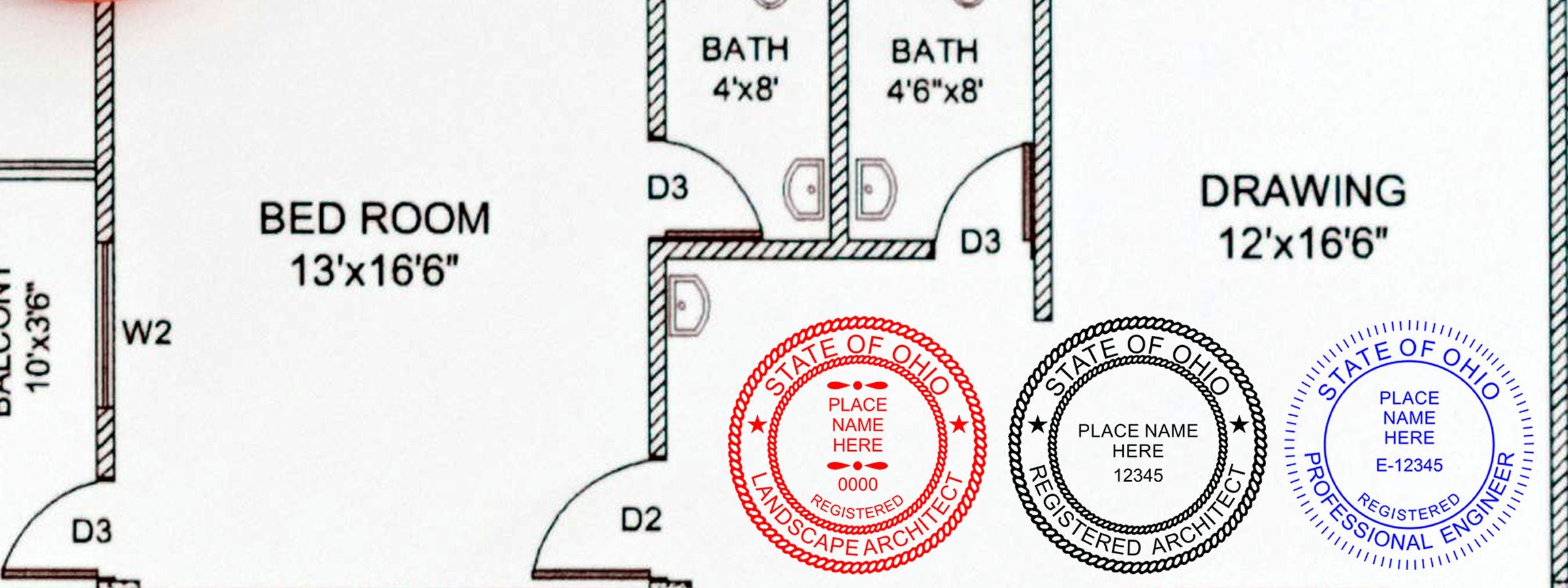 Floor plan with bedroom, two baths, drawing room, balcony, and Ohio Professional Seals and Stamps for architect, engineer, and landscape architect.