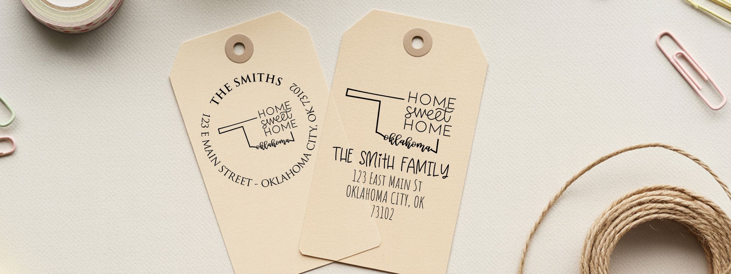 Beige Home Sweet Home Oklahoma gift tags with Smith family address, twine, and clips from Oklahoma Designer Stamps and Seals.