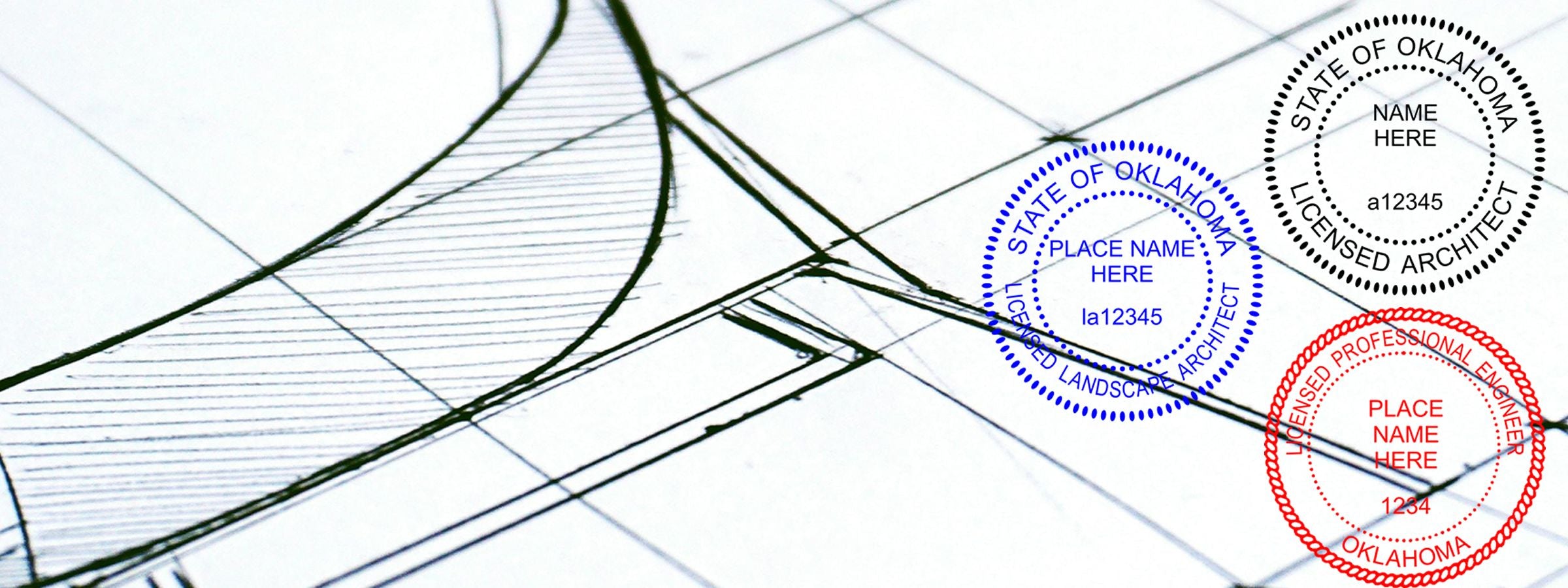 Architectural blueprint with curved lines and Oklahoma Professional Seals and Stamps for landscape architect, architect, and engineer.
