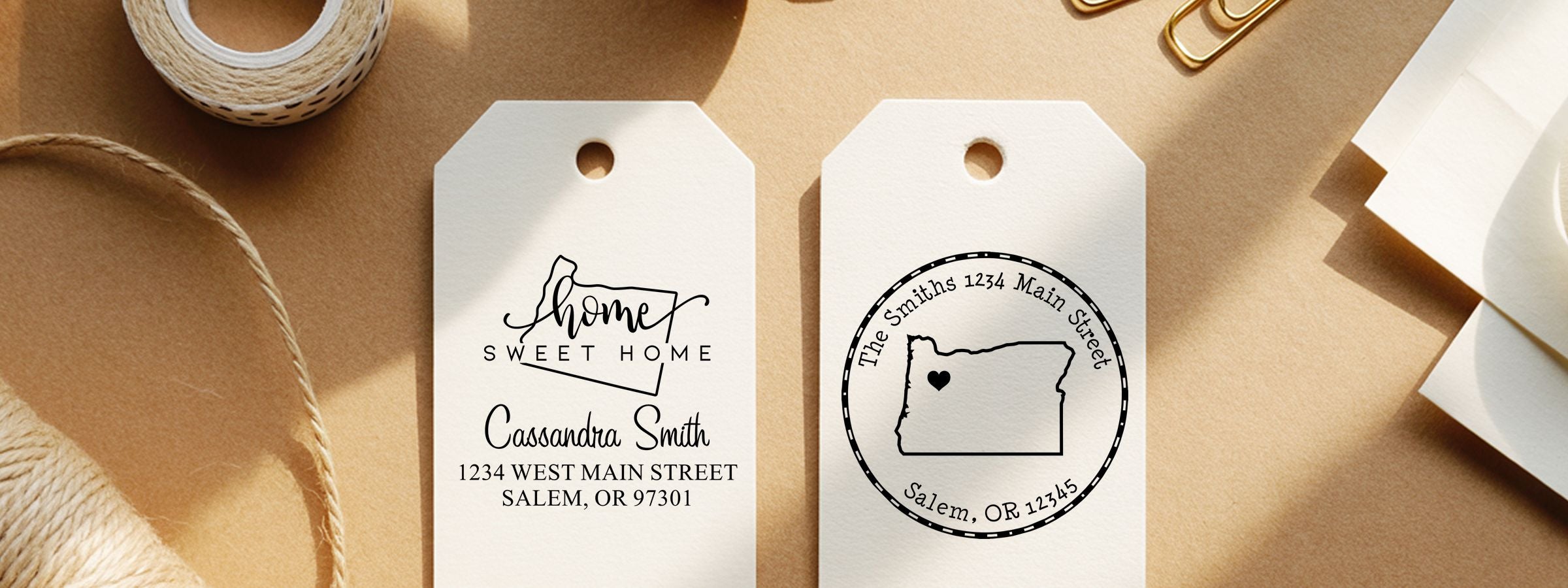 Personalized white gift tags with home sweet home and Oregon outline, Salem address, twine, and Oregon Designer Stamps and Seals.