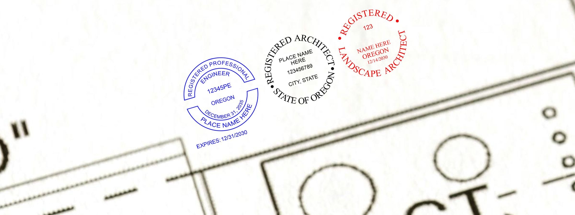 Blurred architectural drawing with Oregon Professional Seals and Stamps: engineer, architect, and landscape architect seals.
