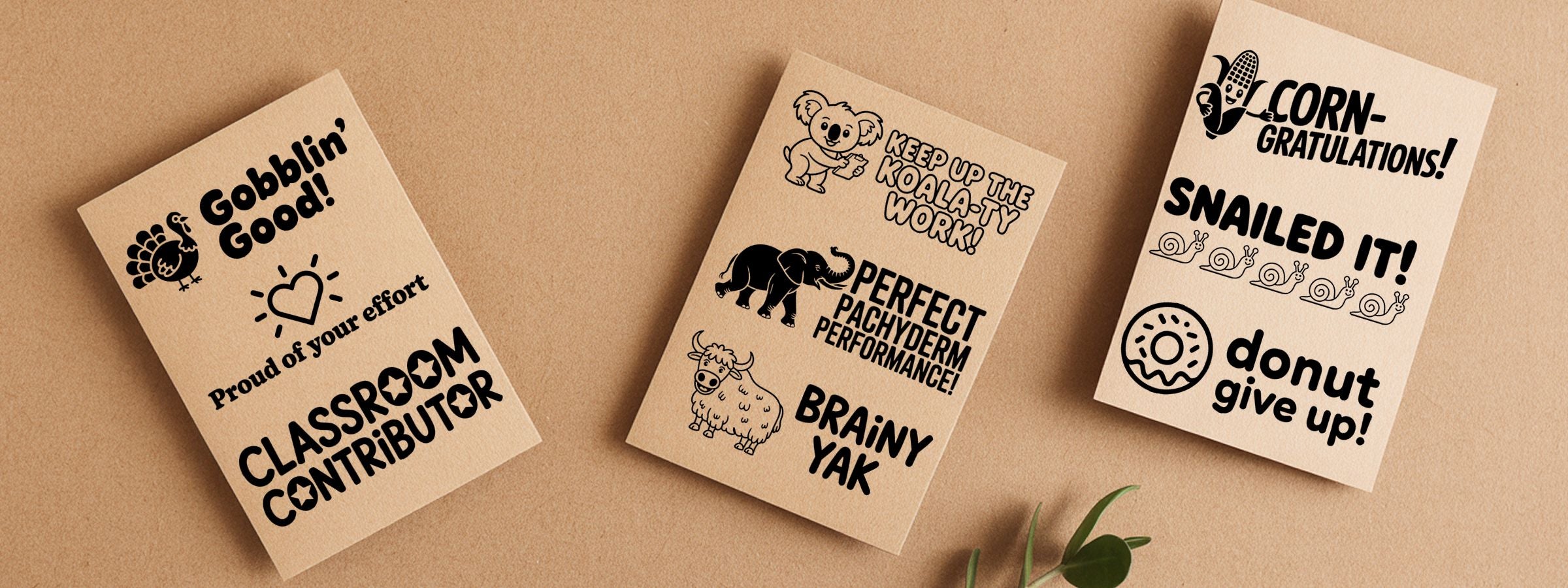 Three beige praise cards with animal puns and icons; Organization Tracking and Administrative Stock Stamps, plus a green plant.