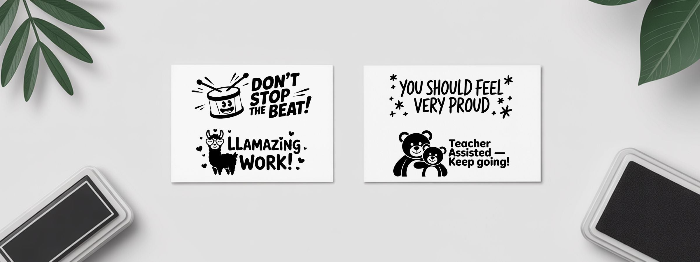 Parent and Student Communication Stock Stamps with motivational teacher stamps, drum, llama, and bear designs on white cards.