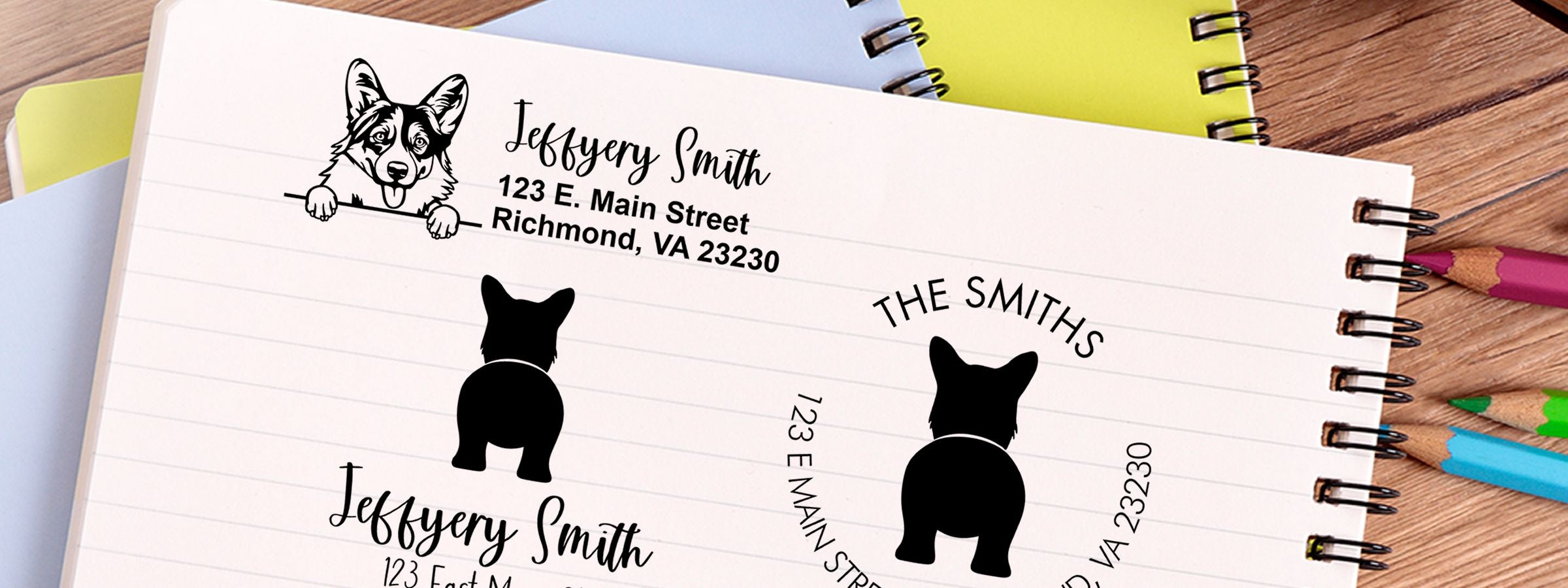 Notebook page of dog address labels, with corgi for Jeffery Smith, black silhouettes on lined paper, and Pembroke Welsh Corgi Dog Stamps and Custom Seals.