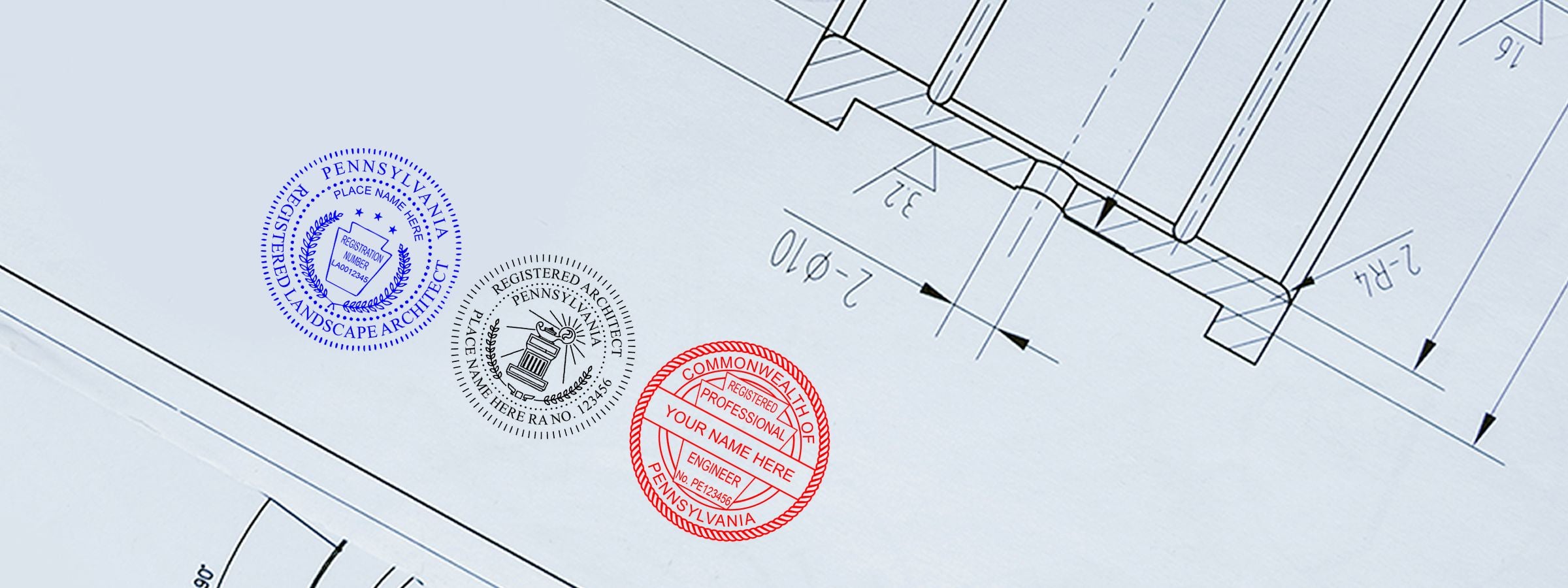 Architectural blueprint with dimension lines and three Pennsylvania Professional Seals and Stamps in blue, black, and red.