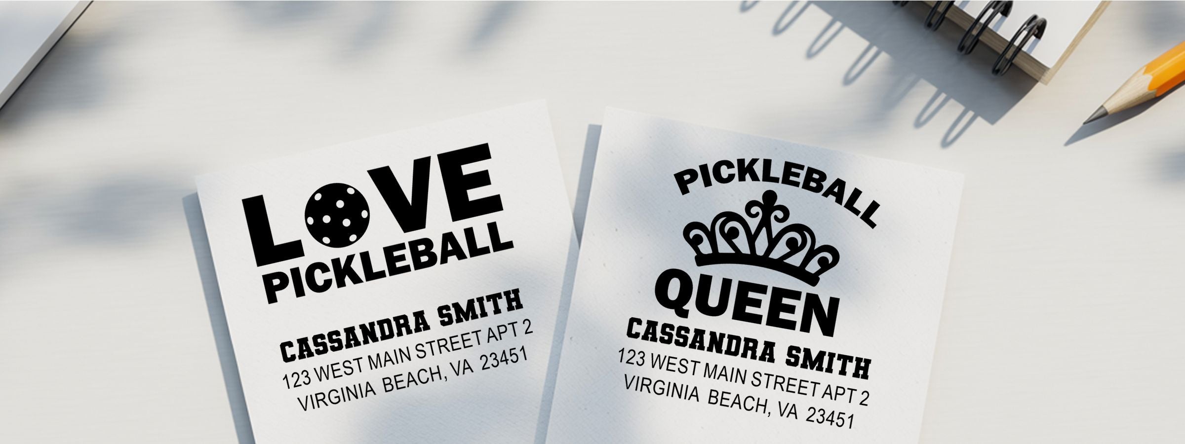 Pickelball Designer Stamps: two personalized pickleball cards, Love Pickleball and Pickleball Queen, for Cassandra Smith.