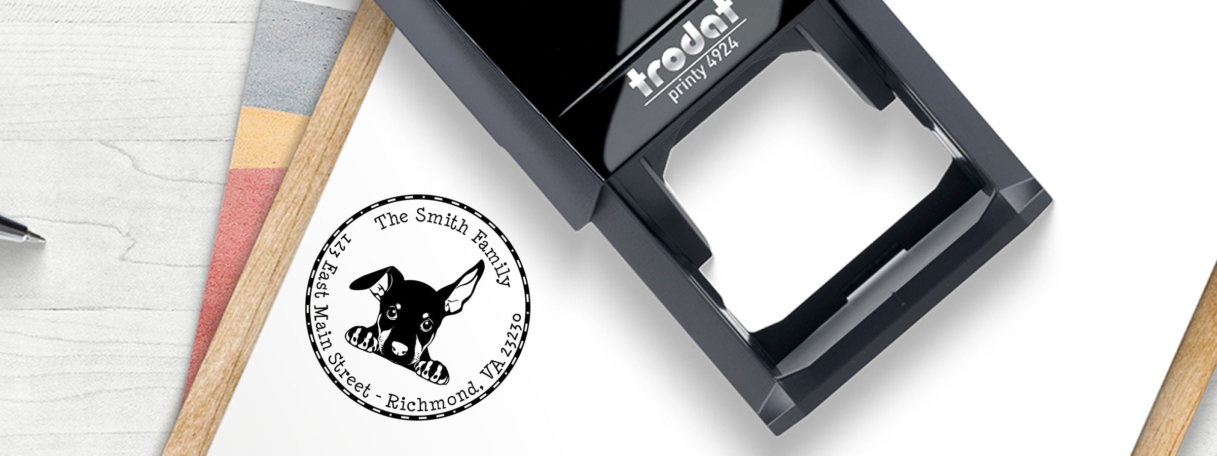 Trodat Printy 4924 self-inking stamp beside a circular dog address design for Pinscher Dog Stamps and Custom Seals.