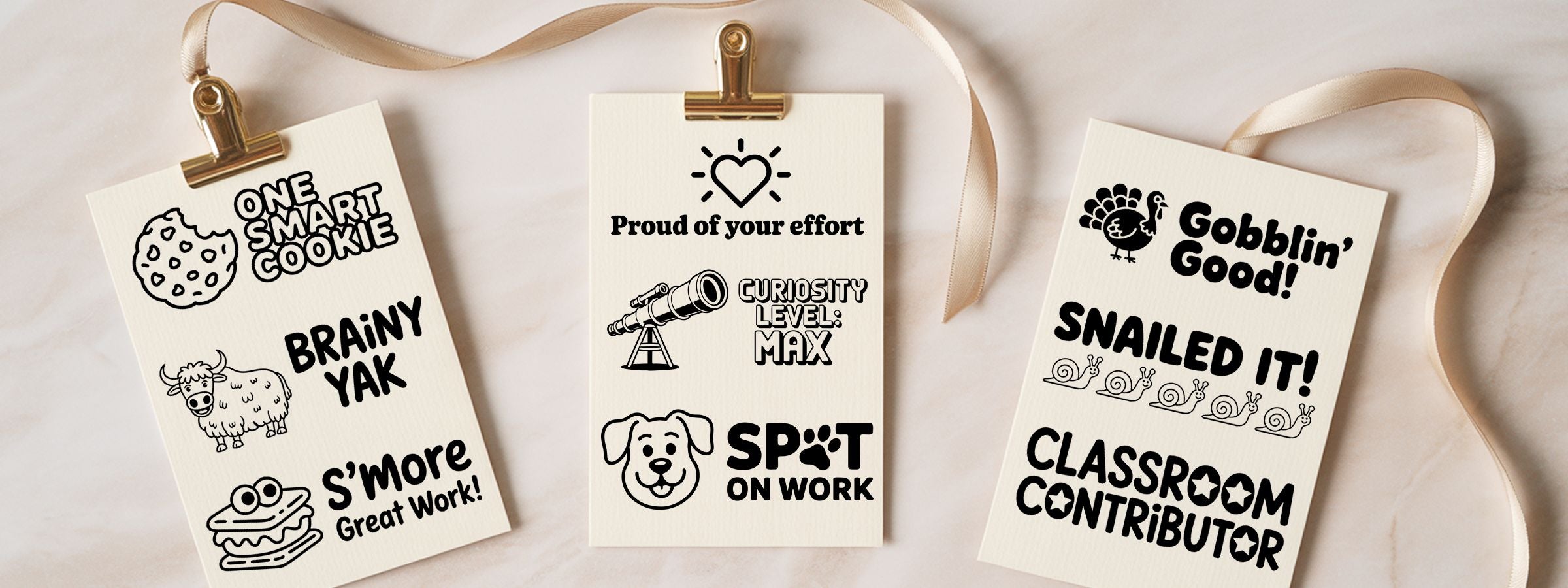 Three cream clipboards with playful teacher reward stamps for Positive Reinforcement and Motivation Stock Stamps on a light background.