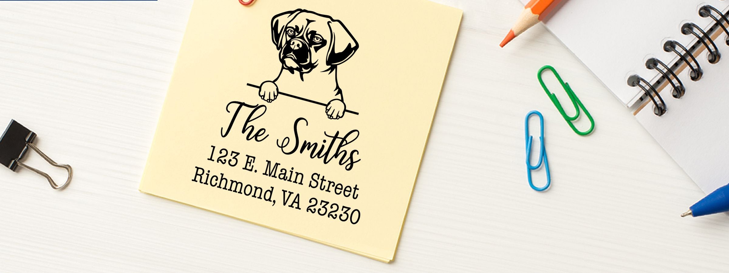 Puggle Dog Stamps and Custom Seals sticky note address label for The Smiths, 123 E. Main Street, Richmond, VA 23230.