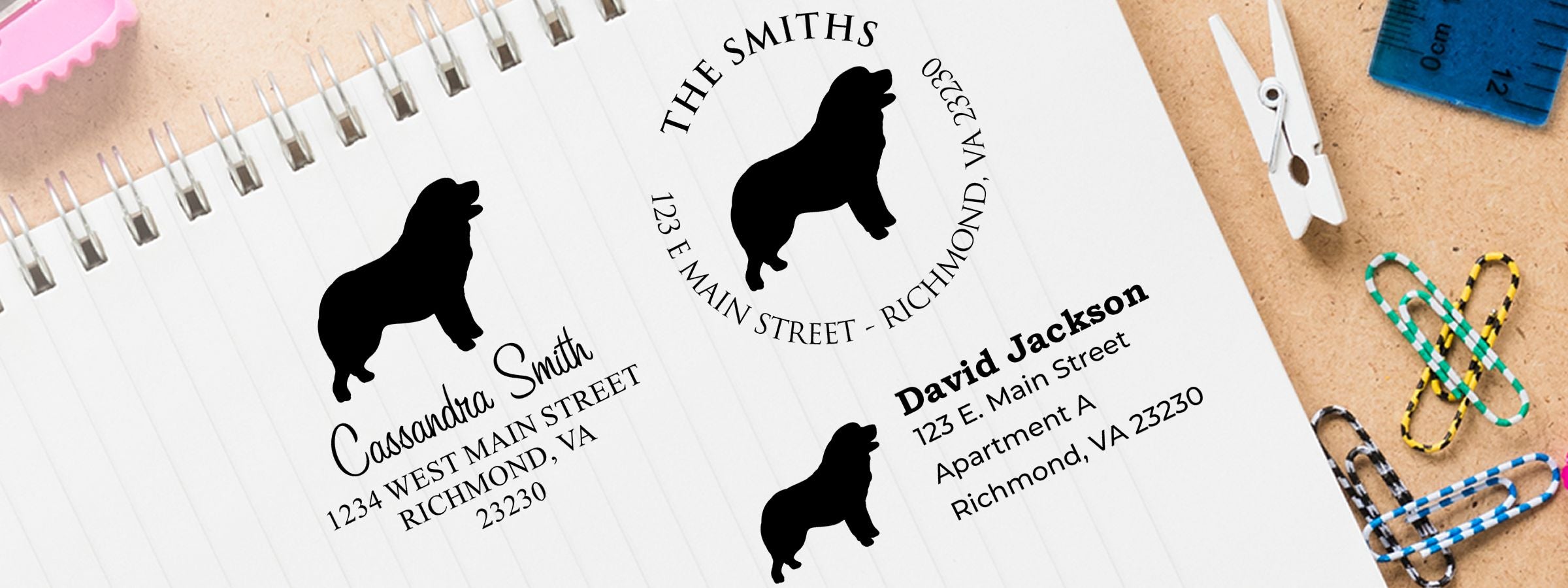 Notebook mockup with black bear address labels, paper clips, and Pyrenean Mountain Dog Dog Stamps and Custom Seals for Cassandra Smith and David Jackson.