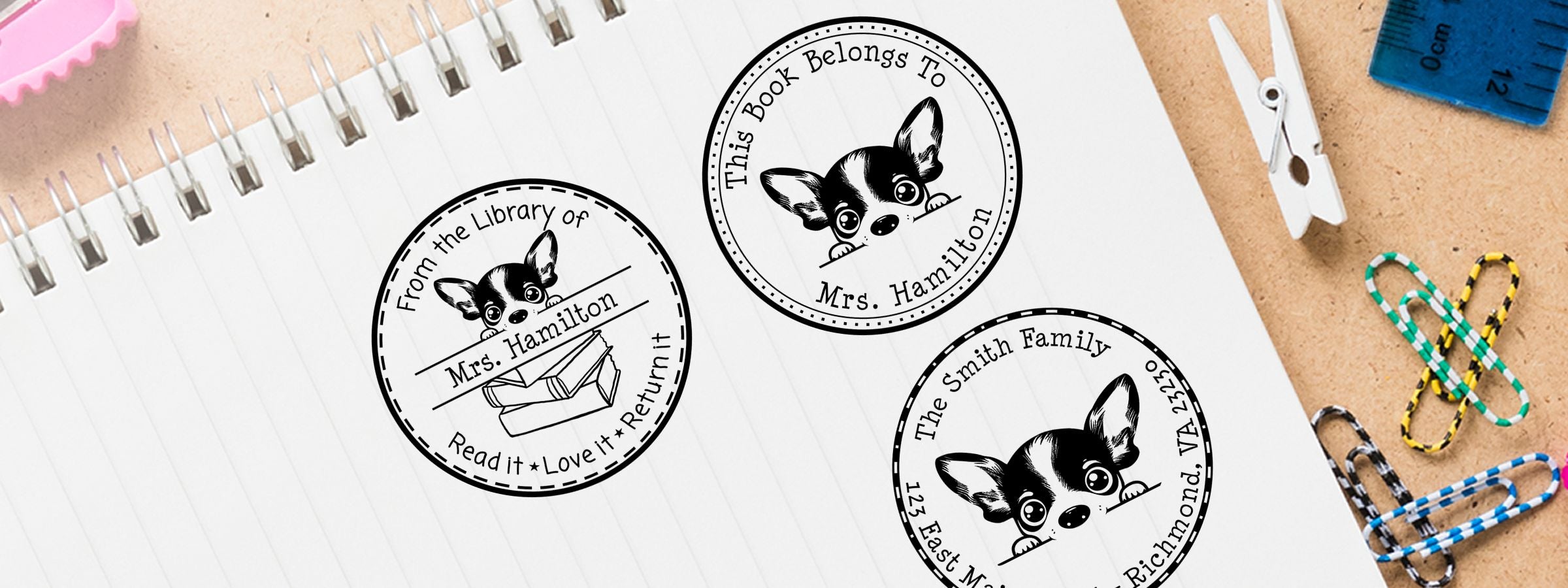 Custom bookplate stickers on a notebook with Chihuahua peeking over books, This Book Belongs To Mrs. Hamilton, and Rat Terrier Dog Stamps and Custom Seals.