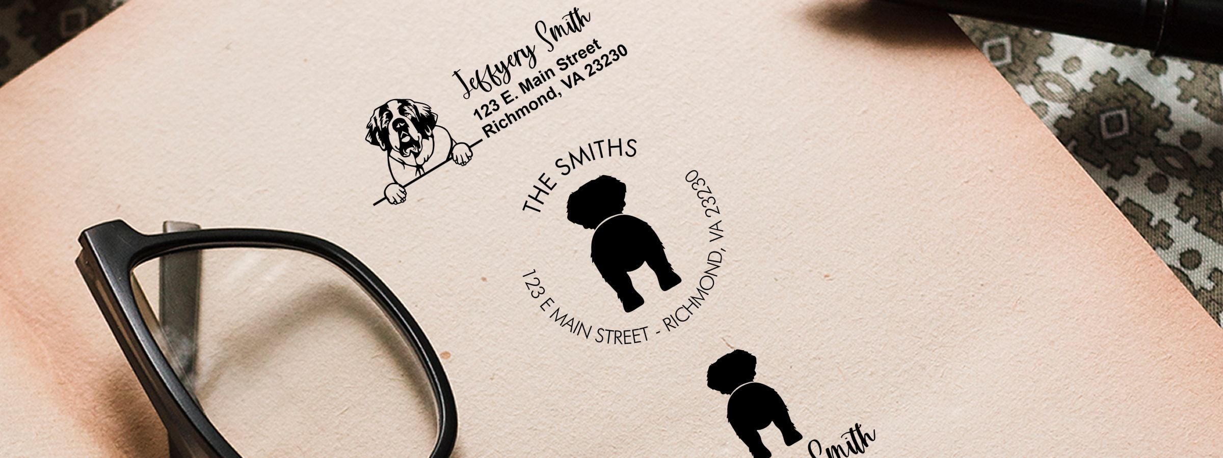 Beige envelope with Saint Bernard Dog Stamps and Custom Seals, addressed to Jeffery Smith and The Smiths, beside black eyeglasses.