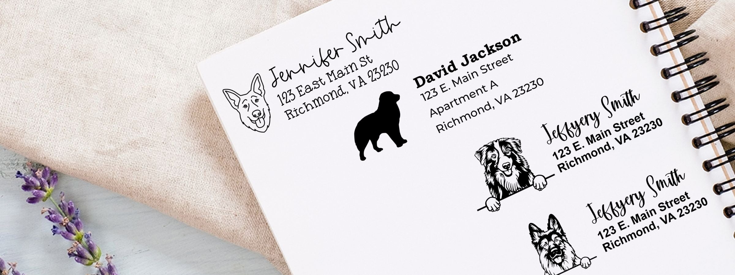 Notebook page of custom address labels with dog illustrations for Jennifer Smith, David Jackson, and Jeffery Smith in Richmond, VA; Shepherd Dog Stamps and Custom Seals.
