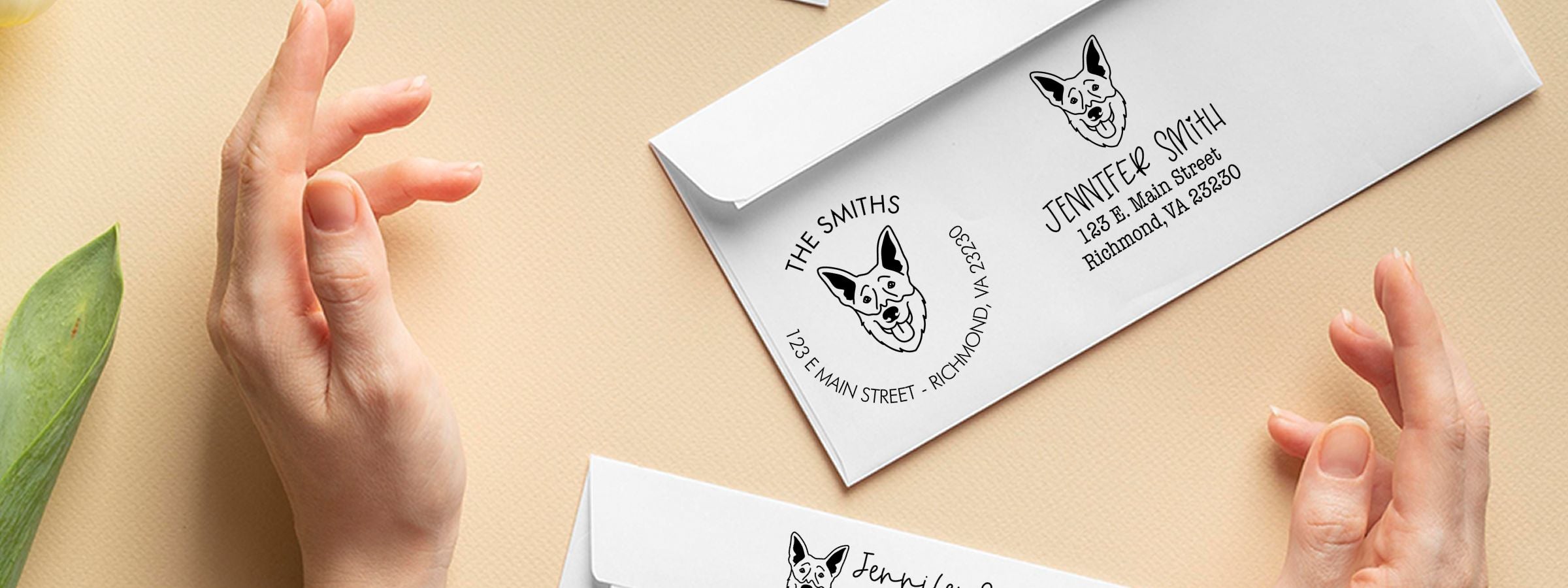 Hands holding white envelopes with a black dog logo and address labels, plus Shepsky Dog Stamps and Custom Seals, on a beige background with a green leaf.