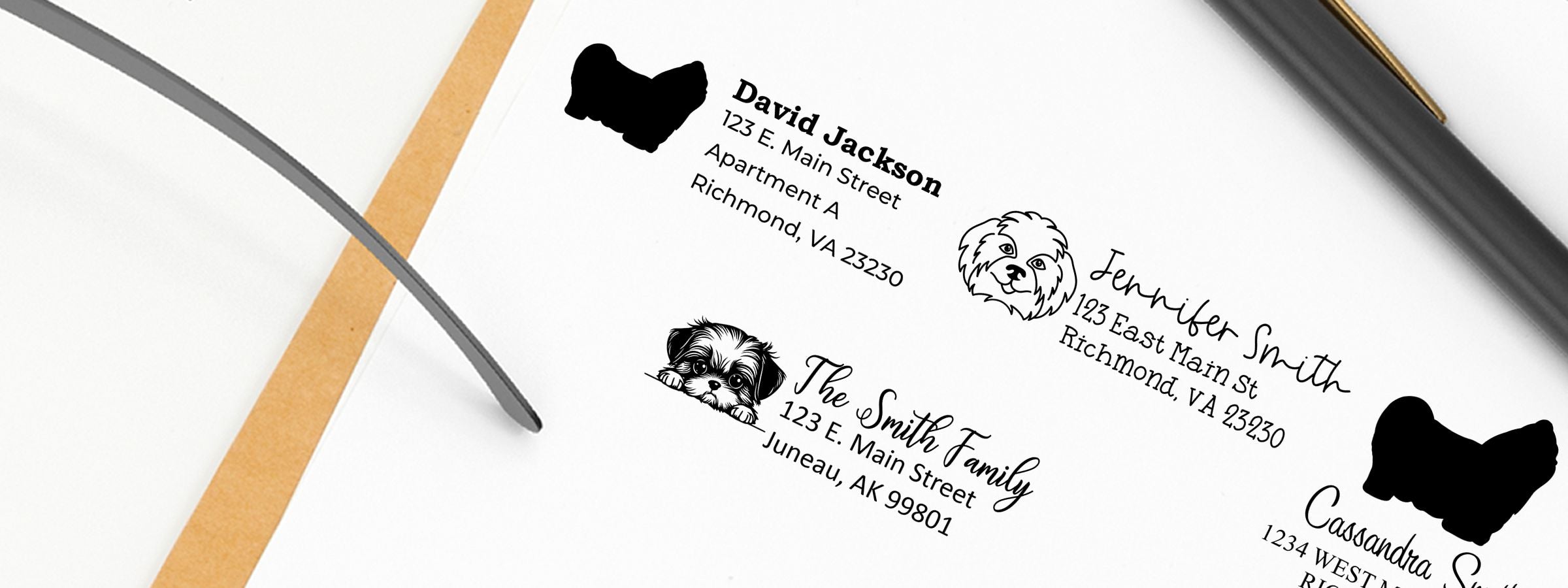 Shih Tzu Dog Stamps and Custom Seals on personalized address labels with dog illustrations and cursive names, plus a pen on a white background.