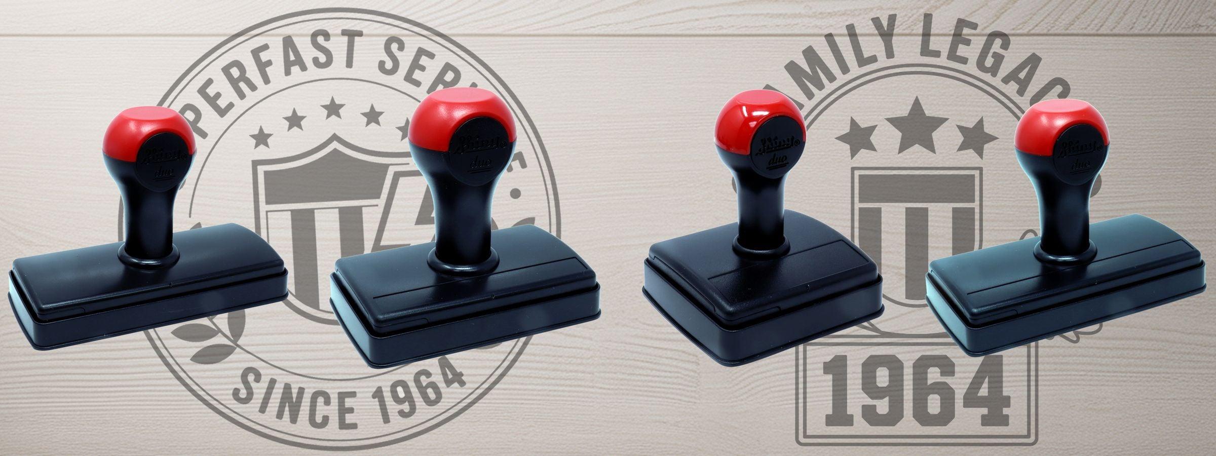 Four black Shiny Duo Custom Stamps with red-and-black handles on light wood, shown beside faint Superfast Service and Family Legacy Since 1964 logos.
