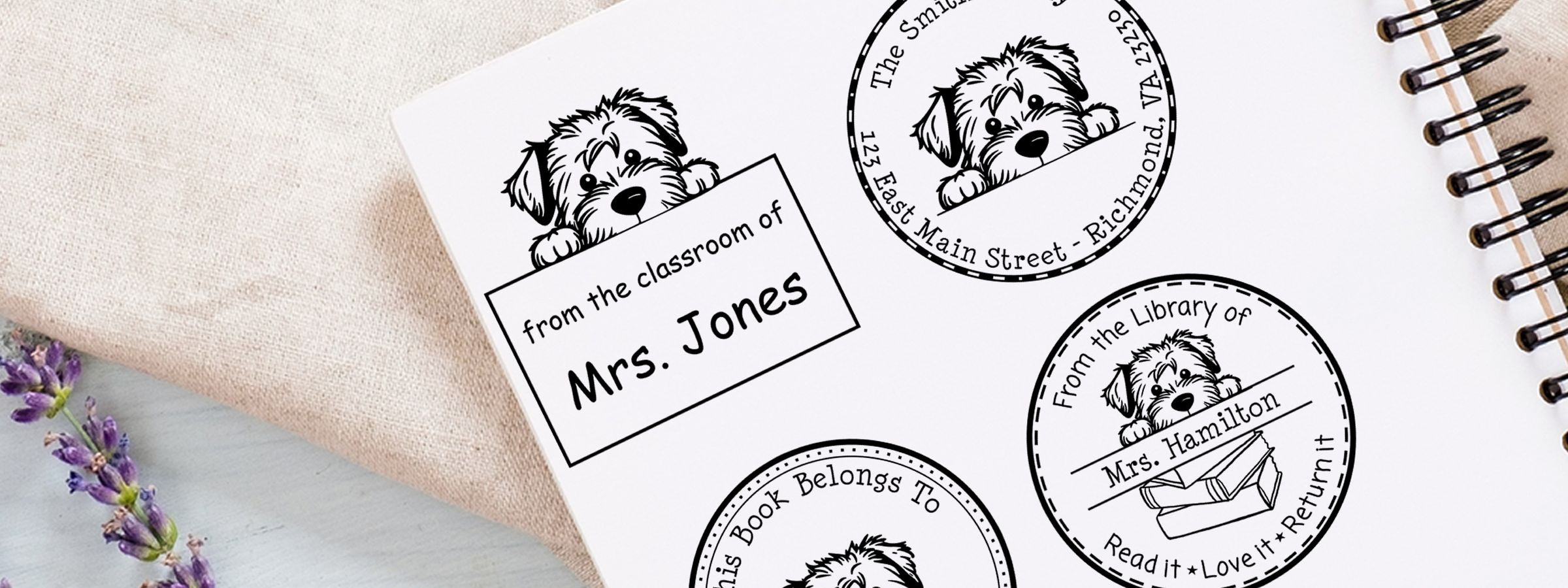 Soft Coated Wheaten Terrier Dog Stamps and Custom Seals on notebook labels: Mrs. Jones, Mrs. Hamilton, Book Belongs To.