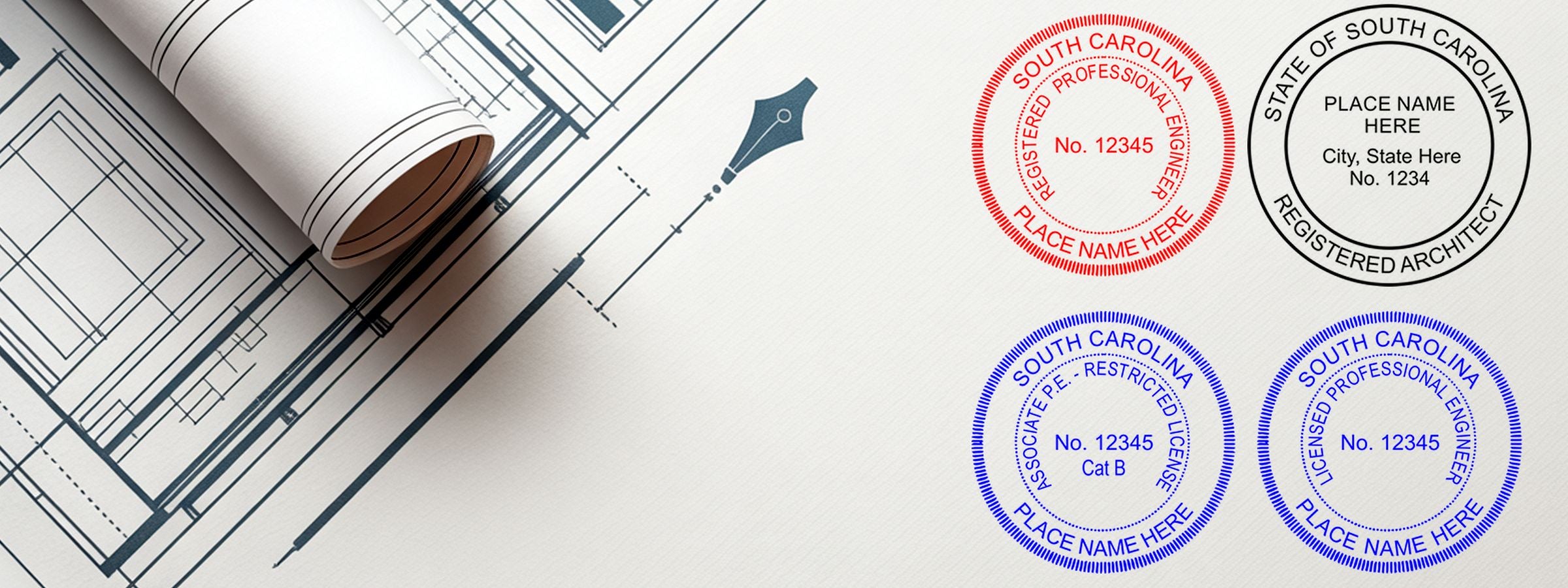 Architectural blueprint with rolled drawing and pen, plus South Carolina Professional Seals and Stamps for engineer and architect certifications.