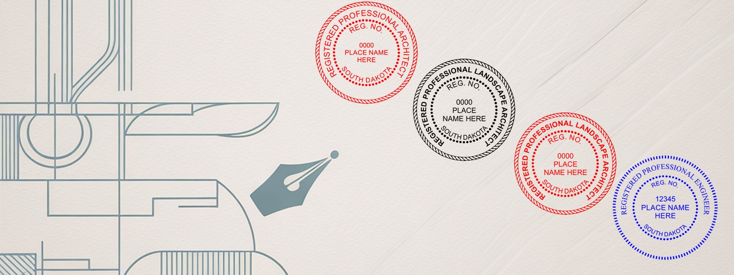 Blueprint-style graphic with fountain pen nib, architectural lines, and four professional seals for South Dakota Professional Seals and Stamps.