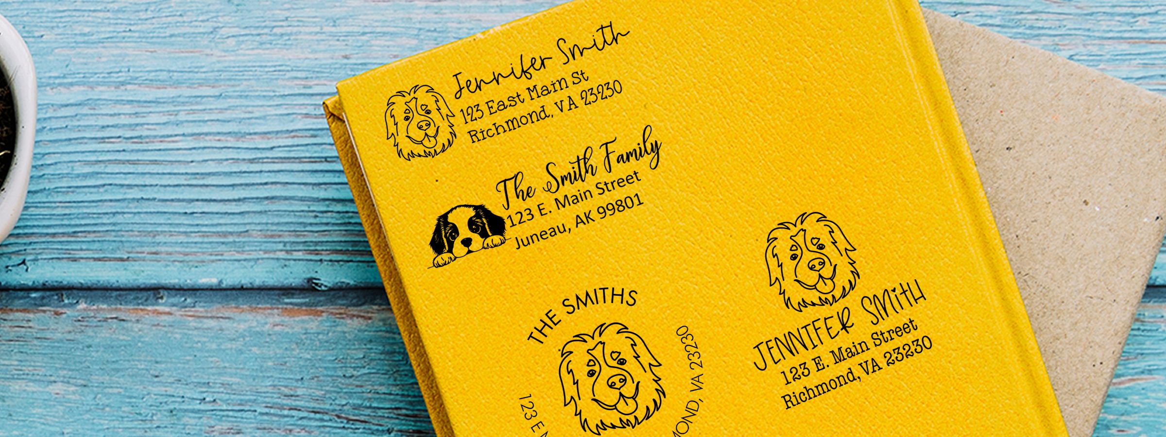 Yellow envelope on blue wood with St Bernard Dog Stamps and Custom Seals, custom dog art for Jennifer Smith and The Smith Family.