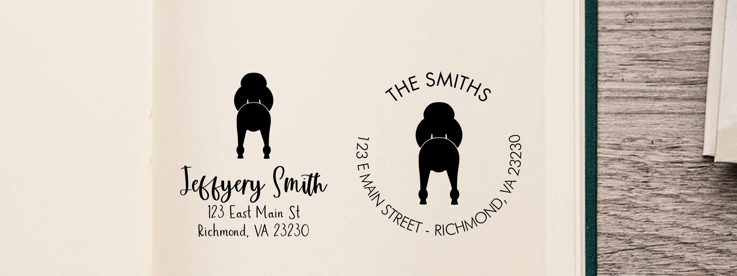 Open book page showing Standard Poodle Dog Stamps and Custom Seals personalized address stamp designs for Jeffery Smith and The Smiths.