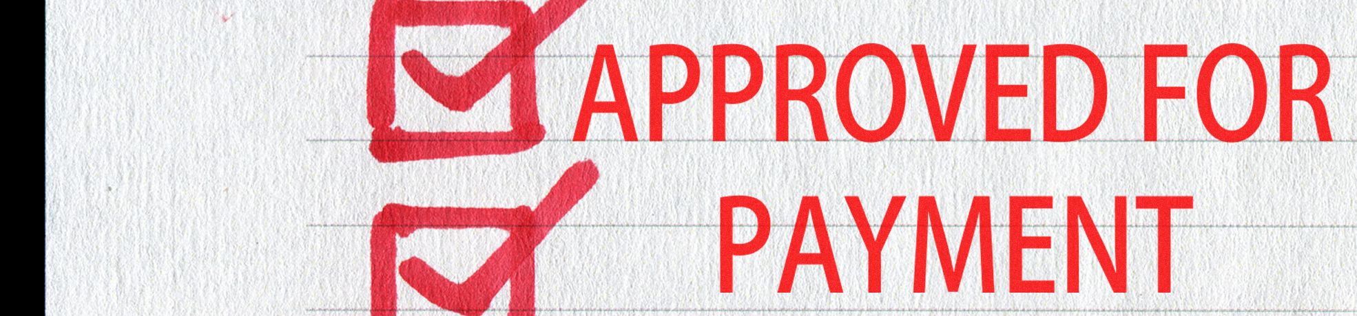 Red check marks next to “APPROVED FOR PAYMENT” on a white lined background, featuring Small Slim Stock Stamps.