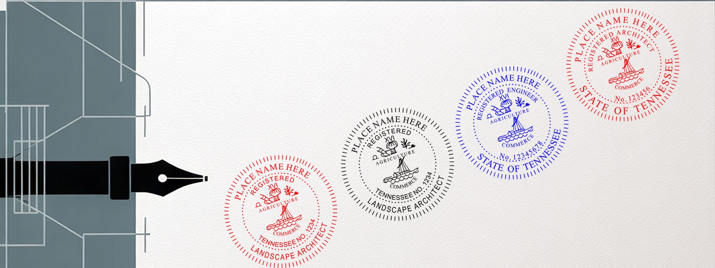 Tennessee Professional Seals and Stamps featuring red, black, and blue architect, engineer, and landscape architect seal stamps beside a fountain pen nib.
