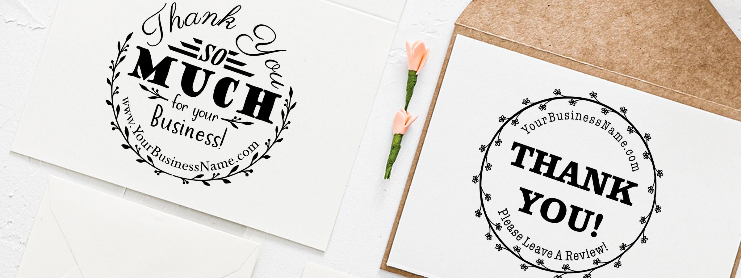 Thank You and Appreciation Designer Stamps featuring two thank-you cards: leafy wreath business note and floral review request.