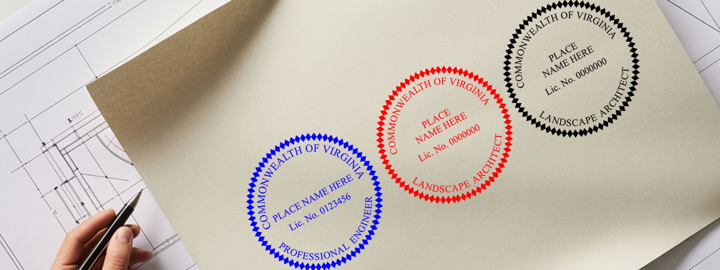 Hand holding a pen over a blueprint with Virginia Professional Seals and Stamps for engineer, landscape architect, and placeholder seal.
