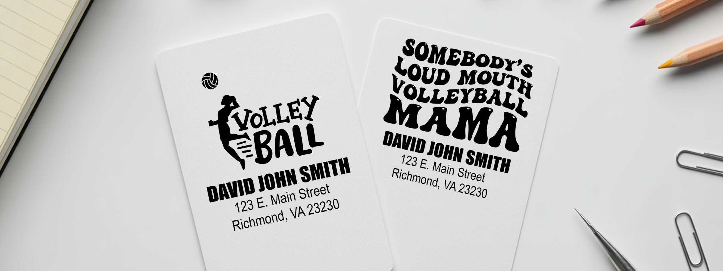 Volleyball Designer Stamps mockup of two white cards: one player design, one “volleyball mama” text, both with David John Smith and address.