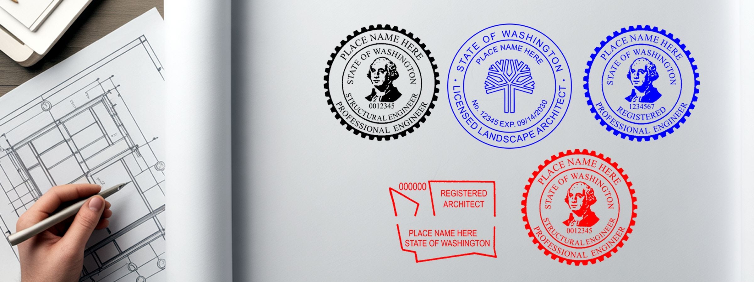 Blueprint with pen and sample architect, structural engineer, and landscape architect seals | Washington Professional Seals and Stamps