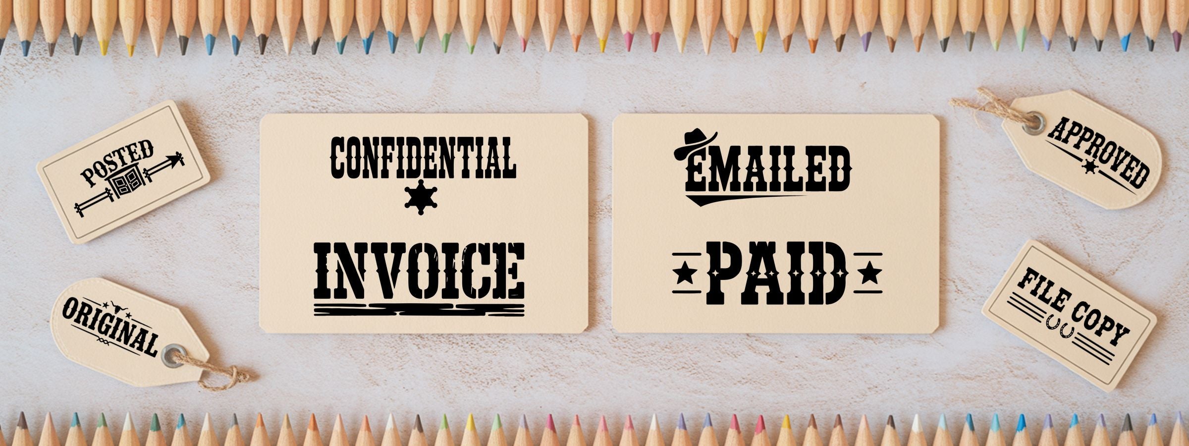 Westren Stock Stamps stationery image framed by colored pencils, with paper tags stamped CONFIDENTIAL, INVOICE, EMAILED, PAID, APPROVED, FILE COPY.