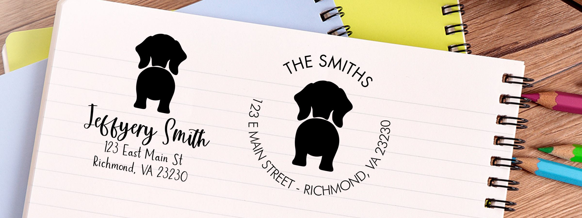 Wiener Dog Stamps and Custom Seals for two dog-themed Smith family address labels, Richmond, VA 23230, with black silhouettes.