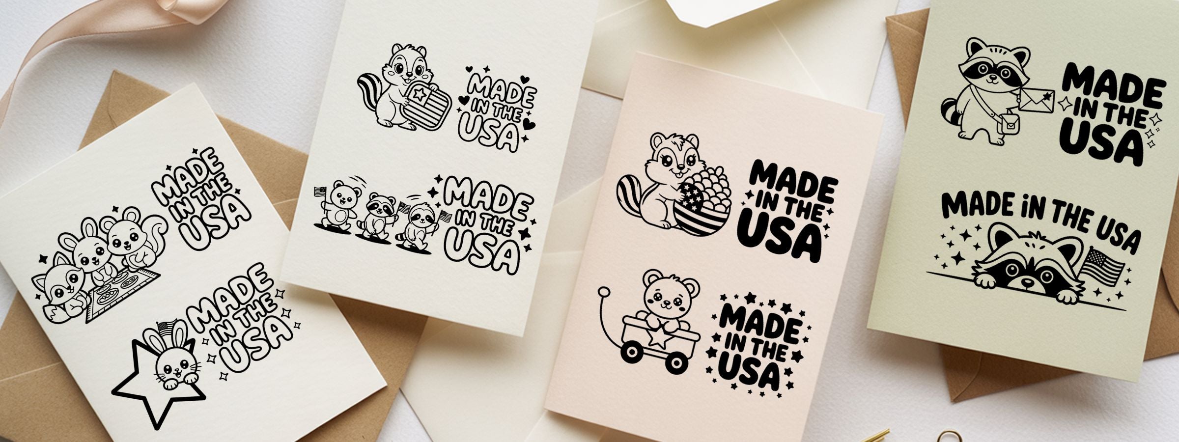 Woodlands Made In USA Stamps assortment of folded greeting cards on neutral envelopes with black-and-white cartoon animals.