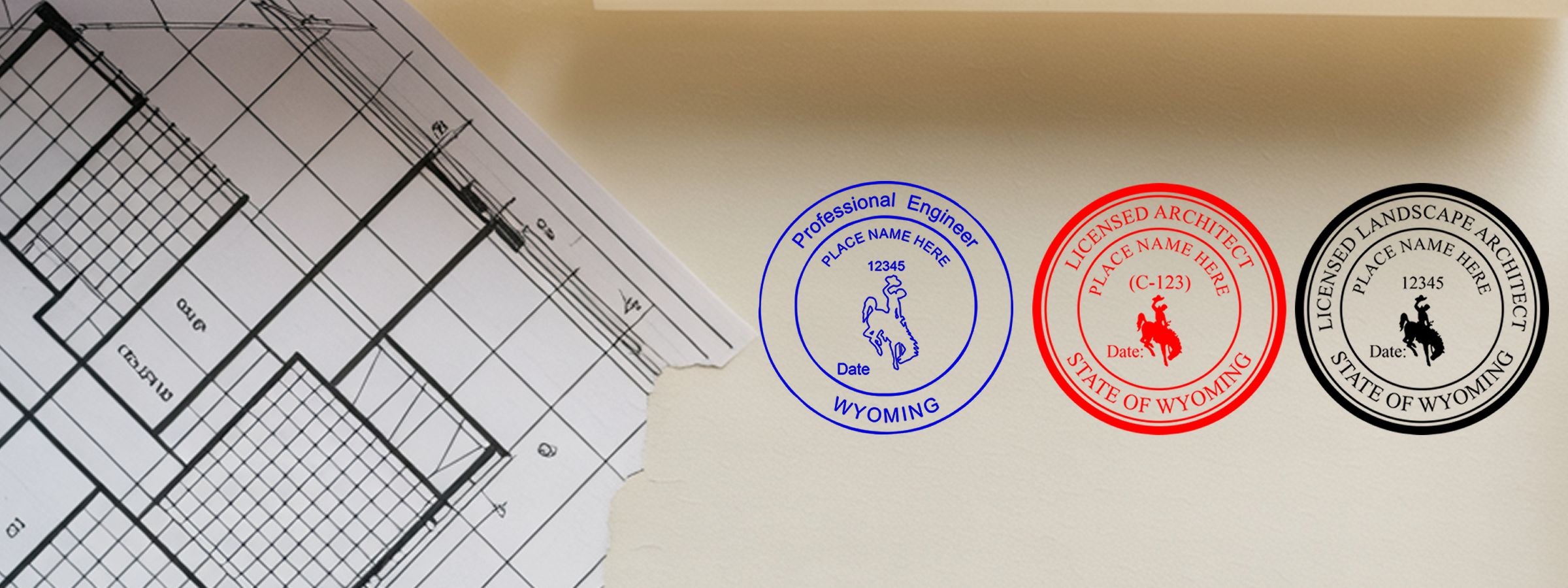 Wyoming Professional Seals and Stamps: architectural blueprint with blue PE, red architect, and black landscape architect seals.