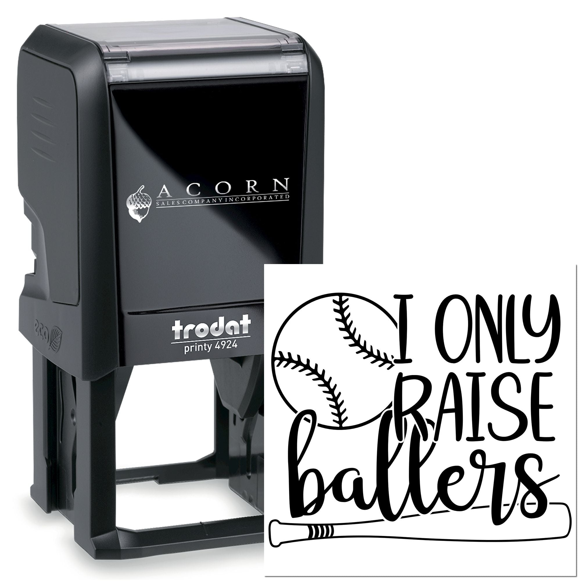 Custom baseball rubber stamp, self-inking Trodat Printy 4924, with I Only Raise Batters design for sports fans.