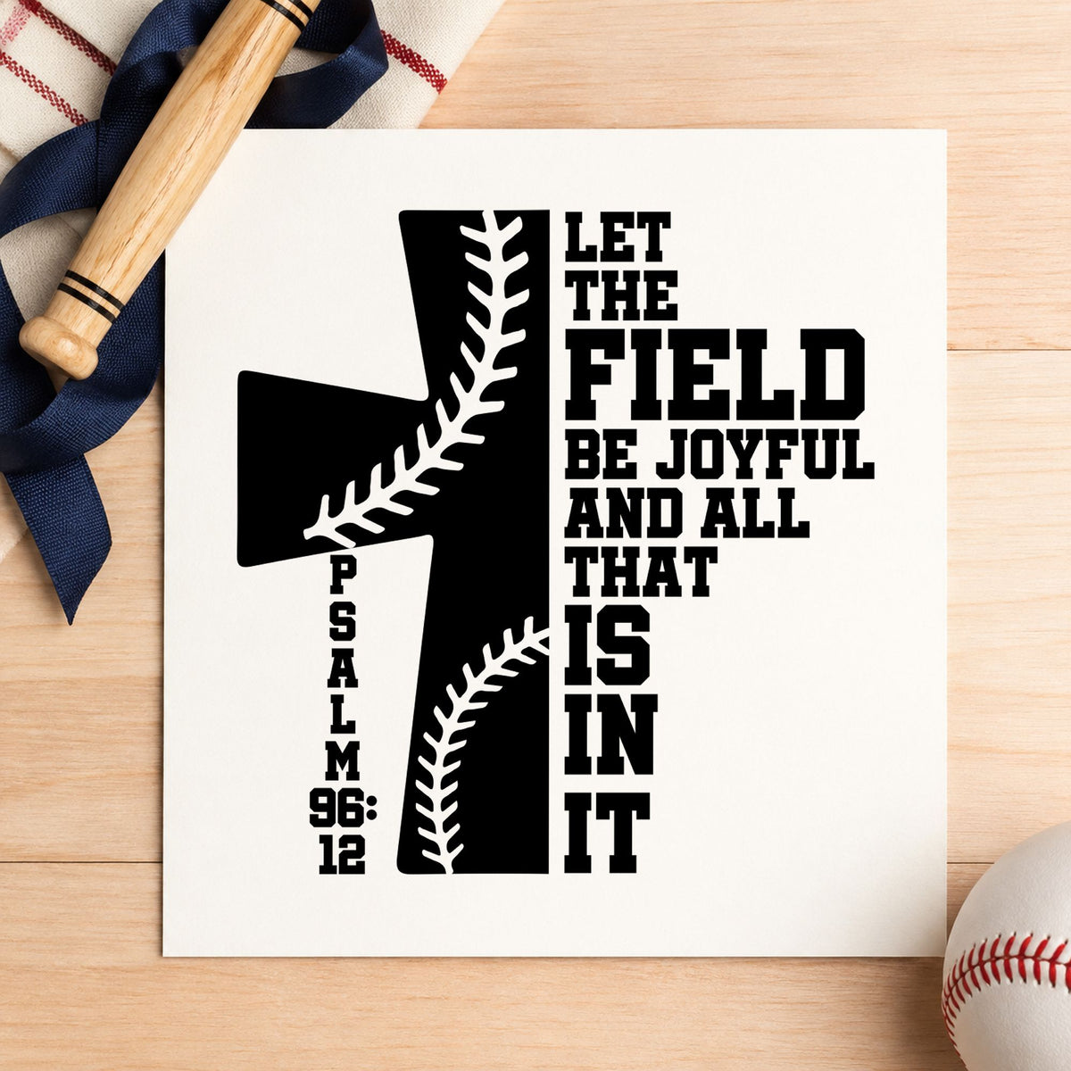 Joyful Baseball Cross rubber stamp printed in black ink, ready for season memory books and similar paper crafts.