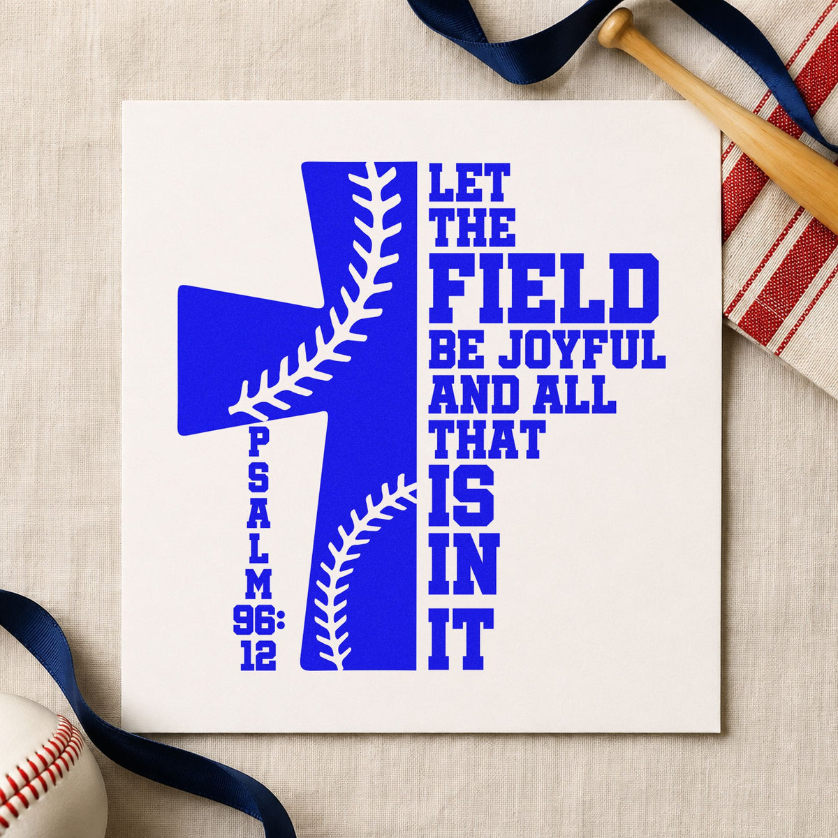 Joyful Baseball Cross craft stamp imprinted in blue ink on paper, a design suited to youth camp name tags.