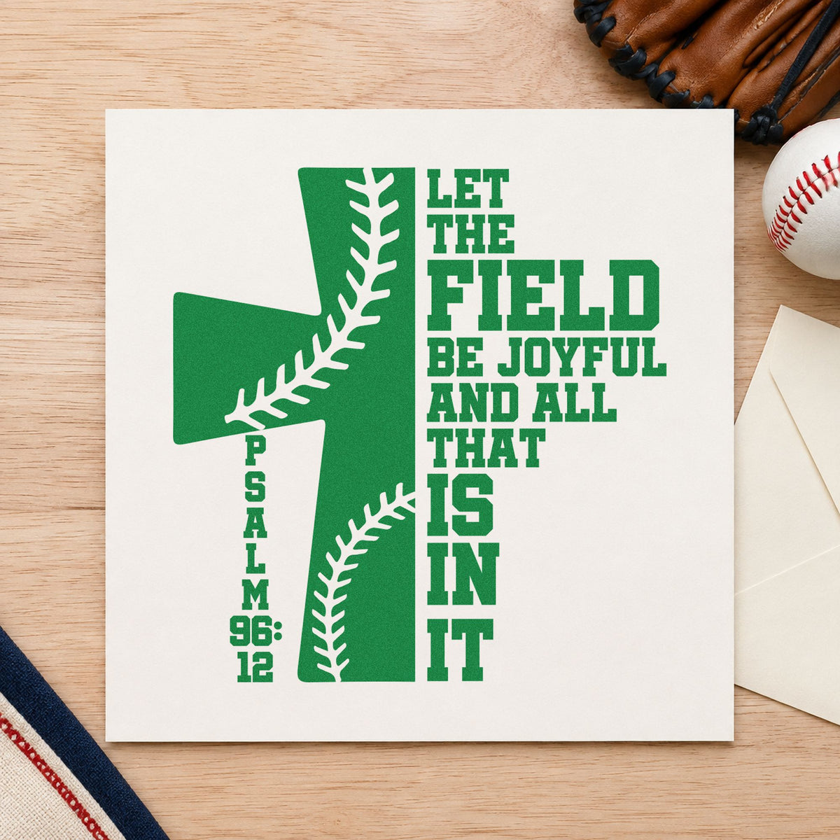 Joyful Baseball Cross craft stamp imprint in green ink on a handmade project, one idea being grandparent gift tags.