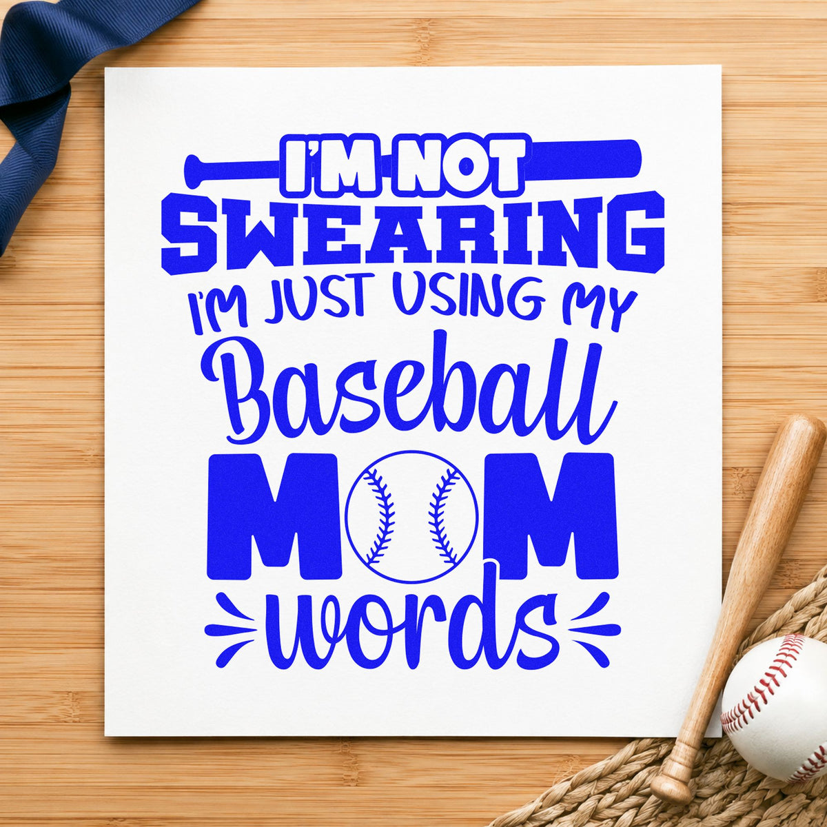 Baseball Mom Words craft stamp imprinted in blue ink on paper, a design suited to tumbler gift sets.