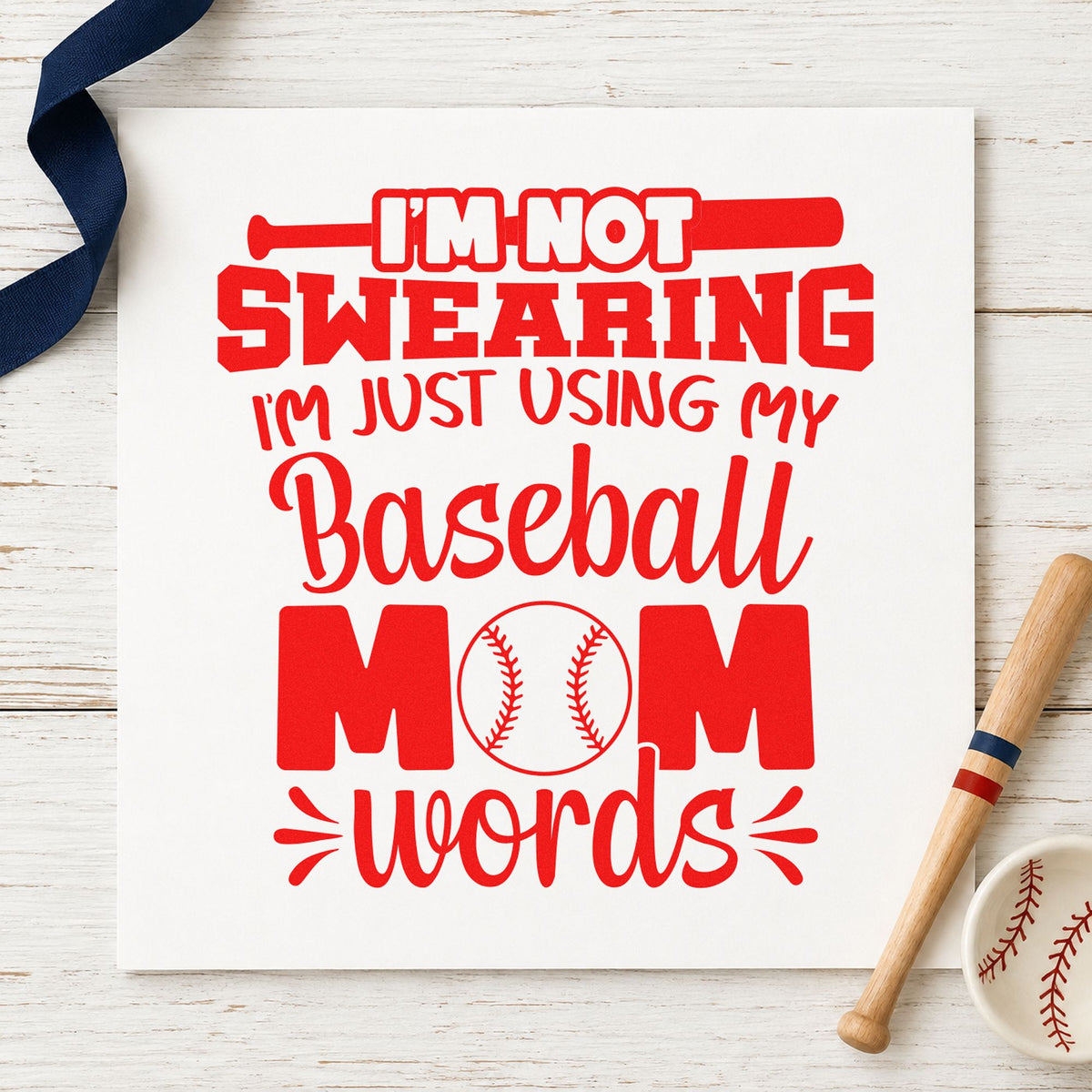 Baseball Mom Words rubber stamp shown in red ink, stamped for projects such as tournament snack bags.