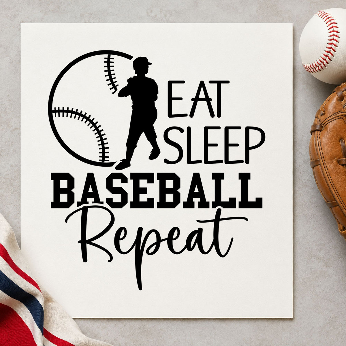Eat Sleep Baseball Repeat craft stamp imprint in black ink on a handmade project, one idea being summer scrapbook pages.