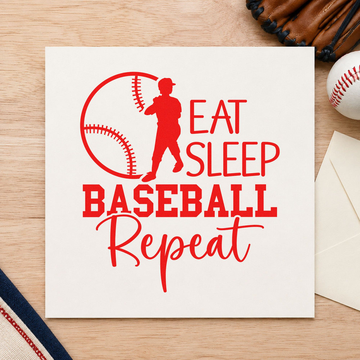 Eat Sleep Baseball Repeat rubber stamp shown in red ink, stamped for projects such as coach gift tags.