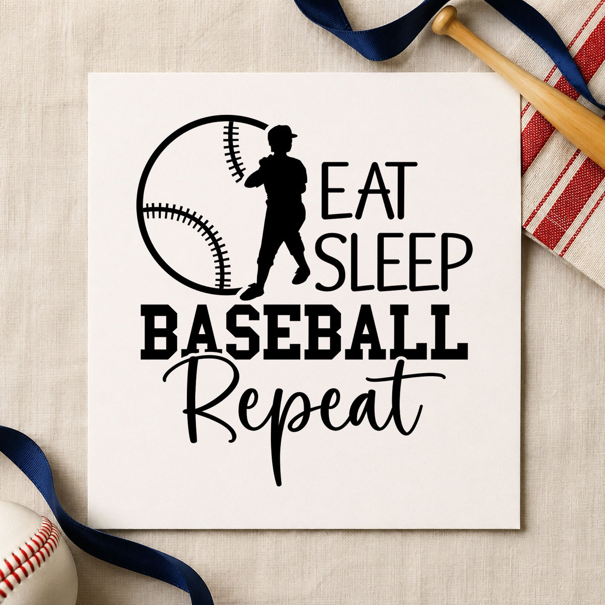 Eat Sleep Baseball Repeat rubber stamp printed in black ink, ready for player birthday cards and similar paper crafts.