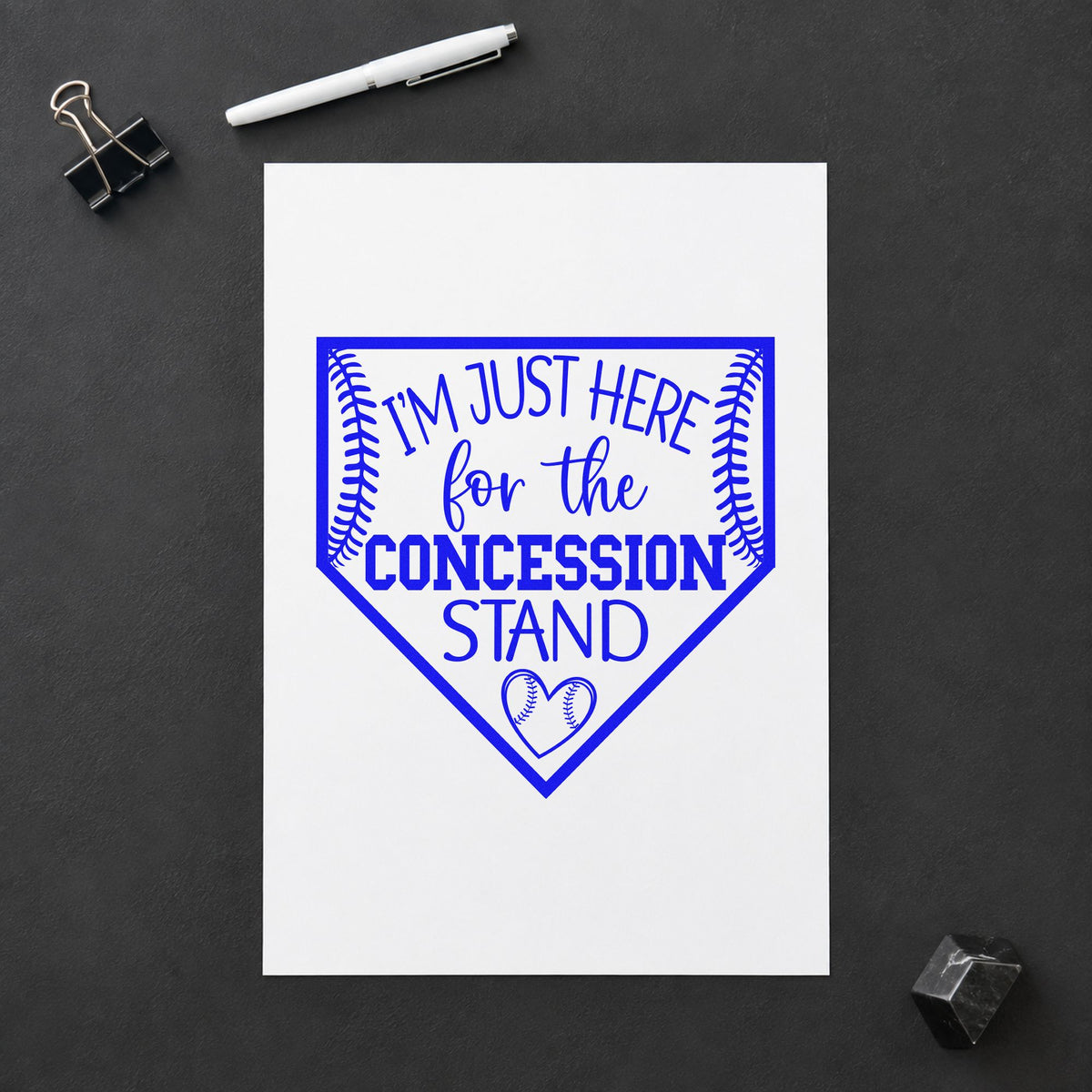 Concession Stand Fan craft stamp imprinted in blue ink on paper, a design suited to tote bag printing.