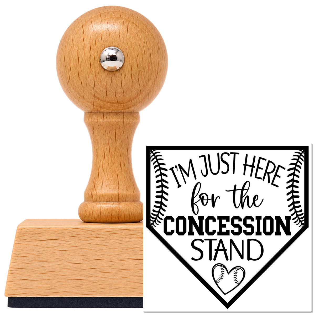 Concession Stand Fan Baseball Heart Vintage Pro rubber stamp in European beech wood with a round knob handle, shown beside its black imprint.