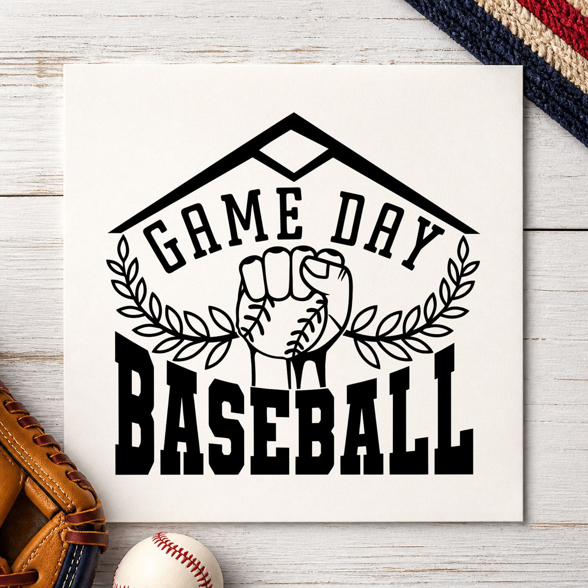Game Day Baseball Fist craft stamp imprint in black ink on a handmade project, one idea being scrapbook title pages.