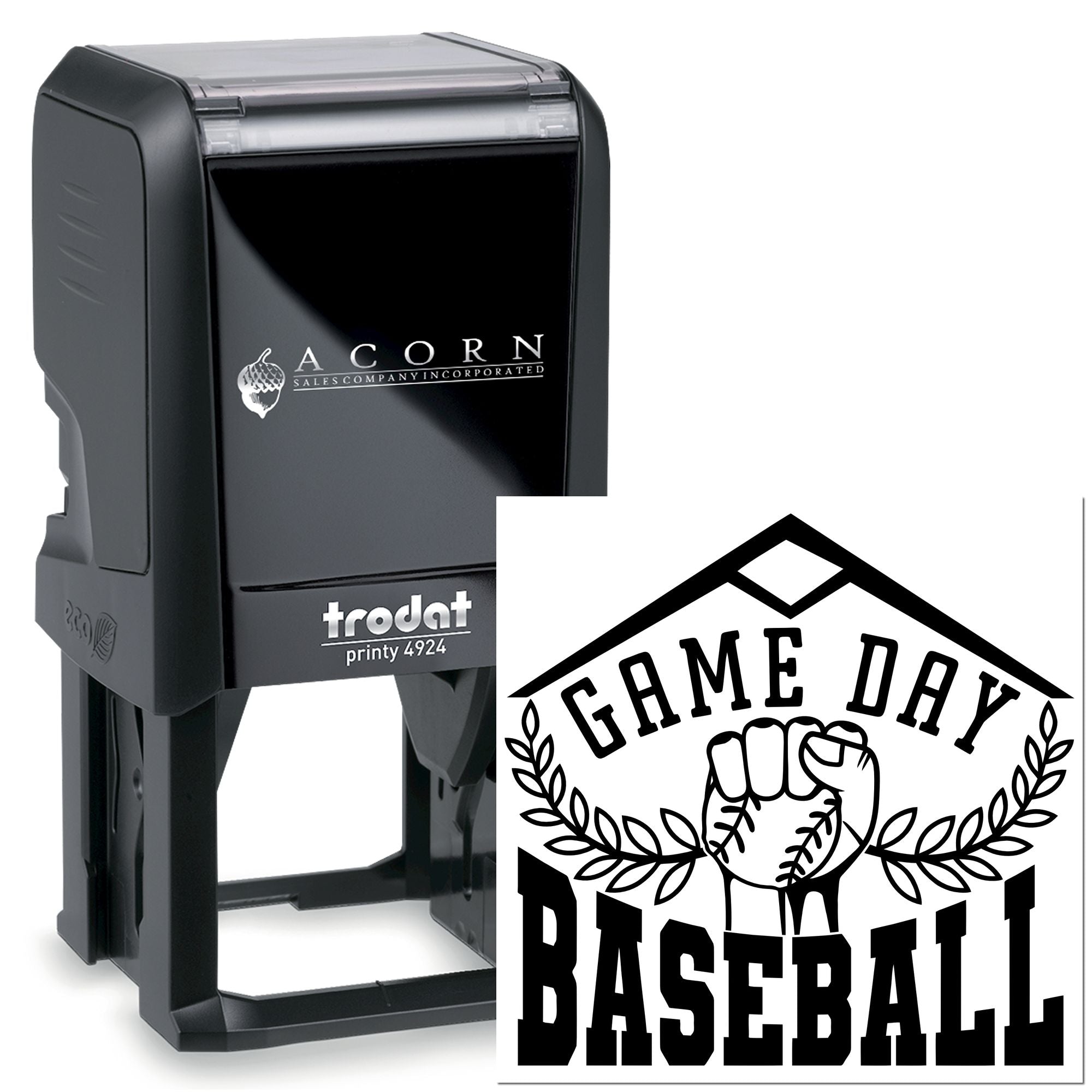 Custom self-inking baseball rubber stamp with Game Day design for team events, branding, and memorabilia.