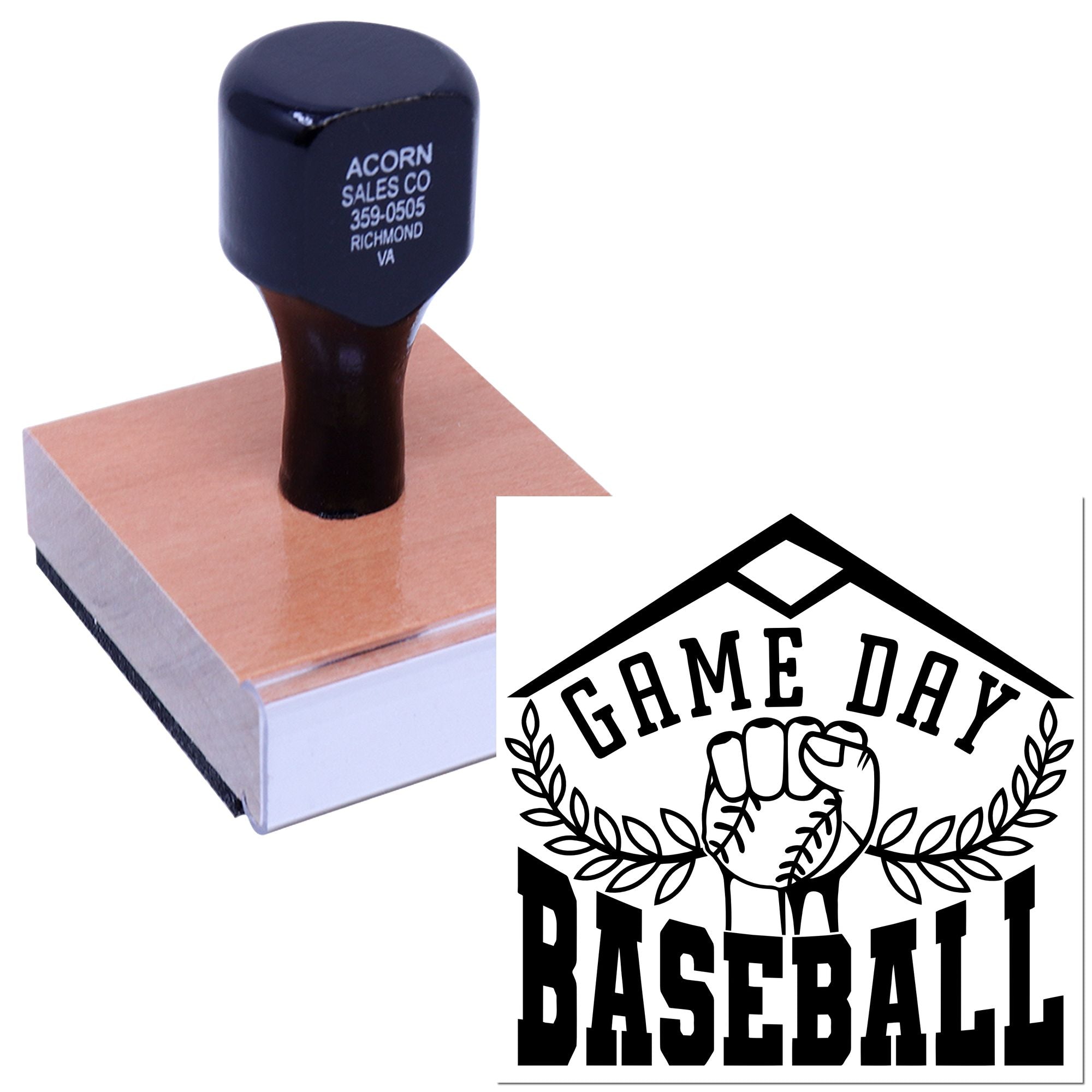 Custom baseball game day rubber stamp with wooden handle, perfect for sports crafts, team branding, and fan merchandise.